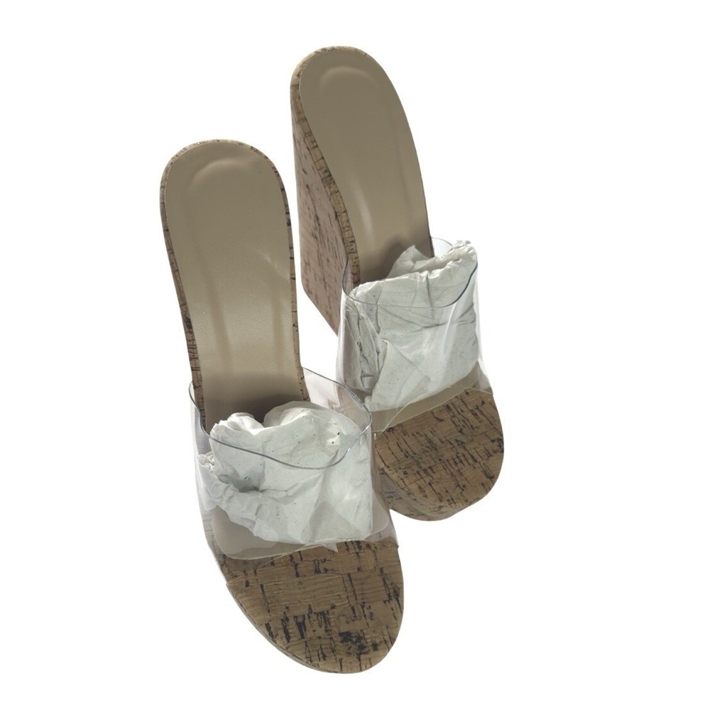 Clear Vinyl Cork Wedge Sandals Women EU 35 Open Toe Platform Slip On Heels Shoes - Picture 5 of 5